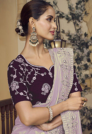 Embroidered Crepe Scalloped Saree in Light Purple