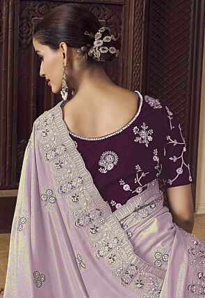 Embroidered Crepe Scalloped Saree in Light Purple