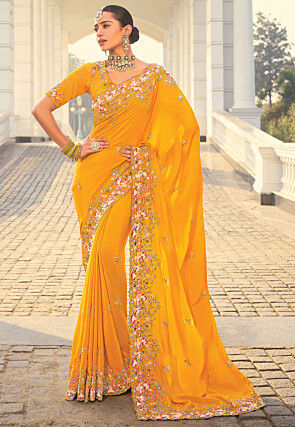 Embroidered Crepe Scalloped Saree in Mustard