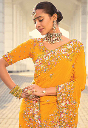 Embroidered Crepe Scalloped Saree in Mustard
