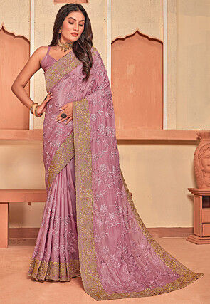 Embroidered Crepe Scalloped Saree in Pink