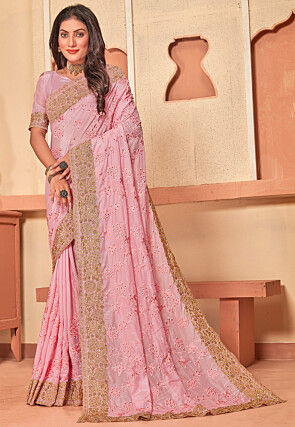 Embroidered Crepe Scalloped Saree in Pink