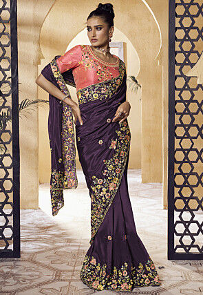 Embroidered Crepe Scalloped Saree in Purple