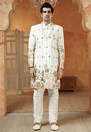 green emerald velvet dress White Cotton Silk Mens Engagement Kurta With Jacket