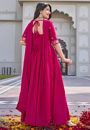 Embroidered Crepe Silk Abaya Style Suit in Fuchsia
