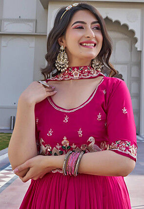 Embroidered Crepe Silk Abaya Style Suit in Fuchsia