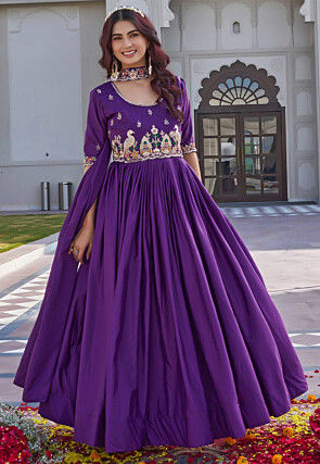 Embroidered Crepe Silk Abaya Style Suit in Purple