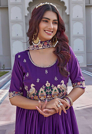 Embroidered Crepe Silk Abaya Style Suit in Purple