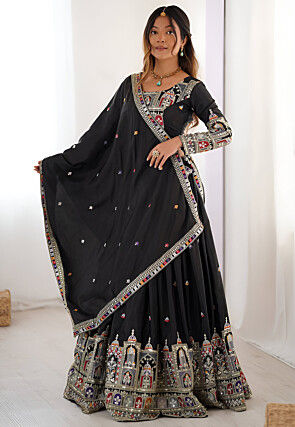 Embroidered Crepe Silk Lehenga in Black