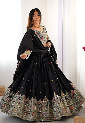 Embroidered Crepe Silk Lehenga in Black