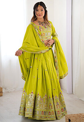 Embroidered Crepe Silk Lehenga in Green