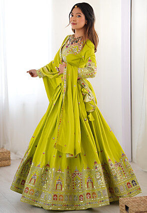 Embroidered Crepe Silk Lehenga in Green