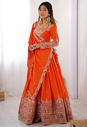Embroidered Crepe Silk Lehenga in Orange