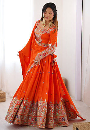 Embroidered Crepe Silk Lehenga in Orange