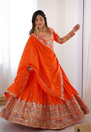 Embroidered Crepe Silk Lehenga in Orange