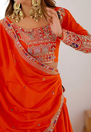 Embroidered Crepe Silk Lehenga in Orange