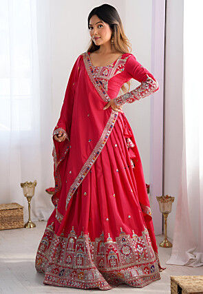 Embroidered Crepe Silk Lehenga in Red