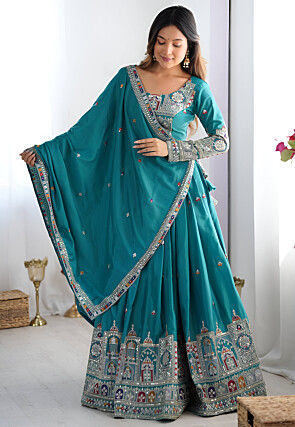 Embroidered Crepe Silk Lehenga in Teal Blue