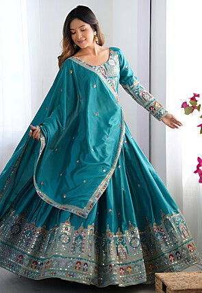 Embroidered Crepe Silk Lehenga in Teal Blue
