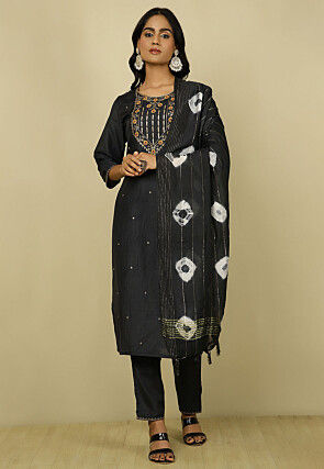Embroidered Crepe Silk Pakistani Suit in Charcoal Black