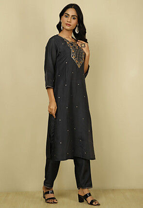 Embroidered Crepe Silk Pakistani Suit in Charcoal Black