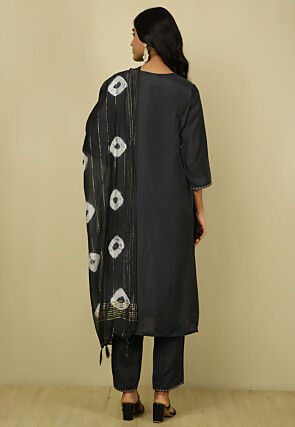 Embroidered Crepe Silk Pakistani Suit in Charcoal Black