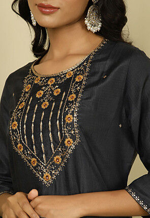 Embroidered Crepe Silk Pakistani Suit in Charcoal Black