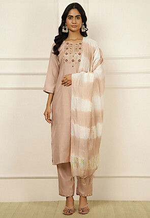Embroidered Crepe Silk Pakistani Suit in Peach