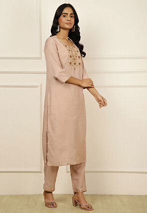 Embroidered Crepe Silk Pakistani Suit in Peach