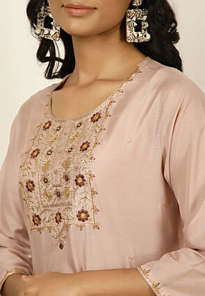 Embroidered Crepe Silk Pakistani Suit in Peach