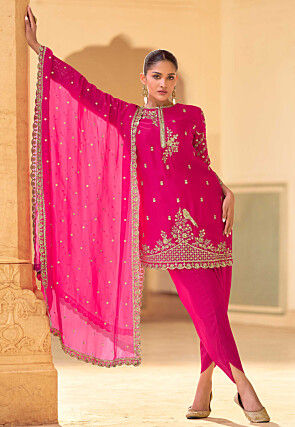Embroidered Crepe Silk Punjabi Suit in Pink