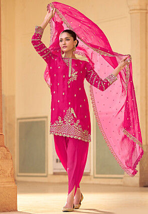Embroidered Crepe Silk Punjabi Suit in Pink