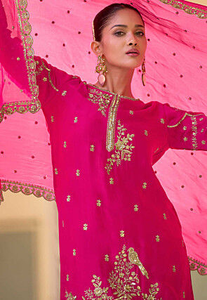Embroidered Crepe Silk Punjabi Suit in Pink