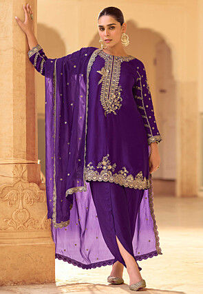 Embroidered Crepe Silk Punjabi Suit in Purple