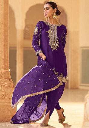 Embroidered Crepe Silk Punjabi Suit in Purple