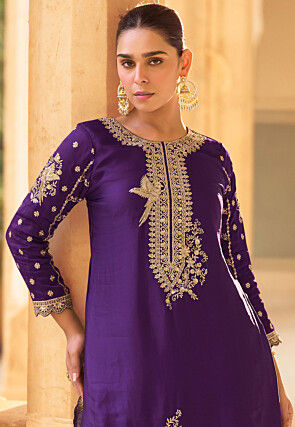 Embroidered Crepe Silk Punjabi Suit in Purple