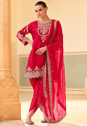 Embroidered Crepe Silk Punjabi Suit in Red