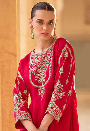 Embroidered Crepe Silk Punjabi Suit in Red