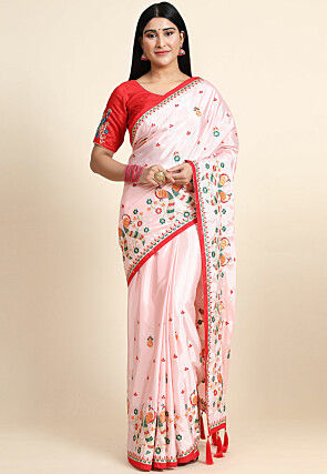 Embroidered Crepe Silk Saree in Light Pink