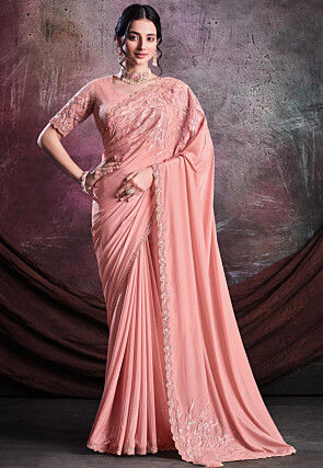 Embroidered Crepe Silk Saree in Peach