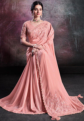 Embroidered Crepe Silk Saree in Peach