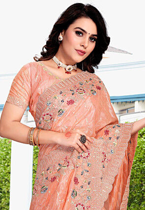 Embroidered Crepe Silk Saree in Peach