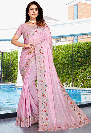 Embroidered Crepe Silk Saree in Pink