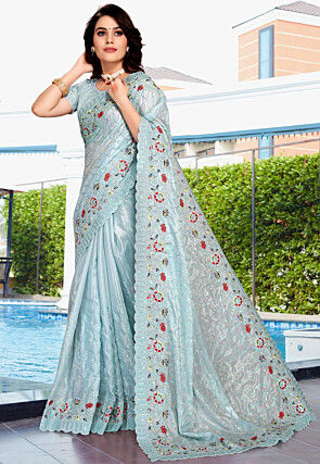 Embroidered Crepe Silk Saree in Sky Blue
