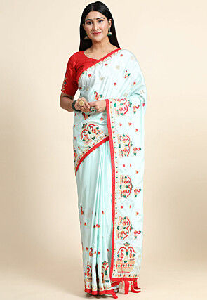 Embroidered Crepe Silk Saree in Sky Blue