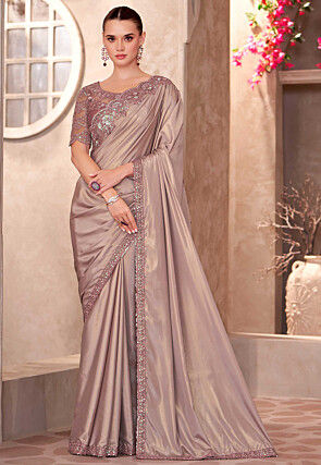 Embroidered Border Crepe Silk Scalloped Saree in Dusty Purple