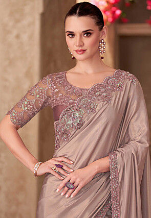 Embroidered Border Crepe Silk Scalloped Saree in Dusty Purple