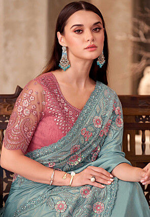 Embroidered Border Crepe Silk Scalloped Saree in Light Blue