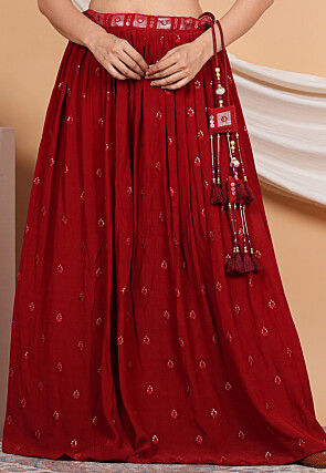 Embroidered Crepe Skirt in Maroon