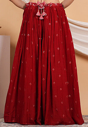 Embroidered Crepe Skirt in Maroon